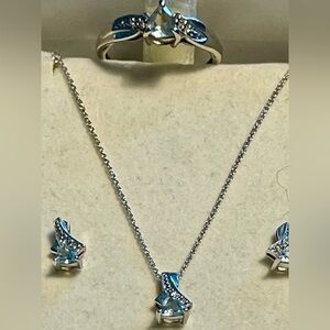 3pc set 10Kt W Gold over ST Silver Aquamarine Pendant 18”  
Earrings Ring SZ 5.5